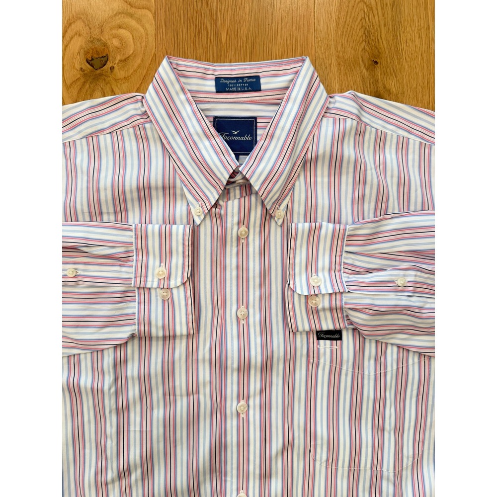 Faconnable Vertical Stripe Button Down Cotton Poplin Shirt White Blue Pink XXL